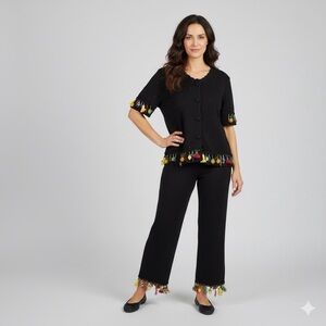 Vintage Michael Simon Black Short Sleeved Sweater Sets Beaded Fringe Fruit Sz M